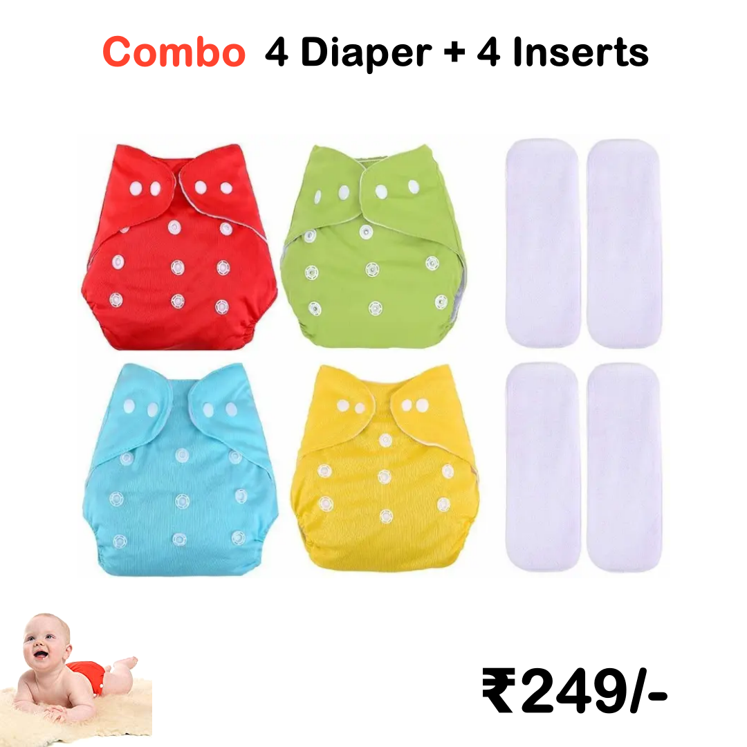 Washable Baby Cloth Diaper Reusable, Adjustable Size, Waterproof (Pack of 5 Diaper + 5 Inserts)