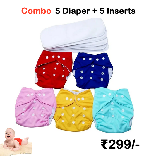 Washable Baby Cloth Diaper Reusable, Adjustable Size, Waterproof (Pack of 5 Diaper + 5 Inserts)