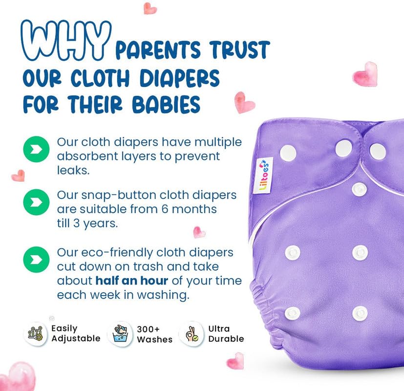 Washable Baby Cloth Diaper Reusable, Adjustable Size, Waterproof (Pack of 5 Diaper + 5 Inserts)