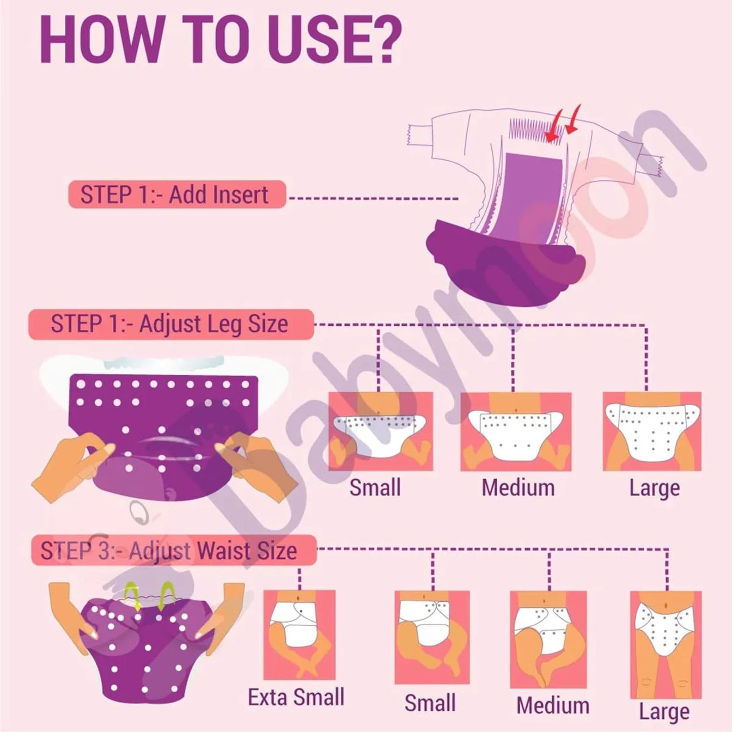 Washable Baby Cloth Diaper Reusable, Adjustable Size, Waterproof (Pack of 5 Diaper + 5 Inserts)